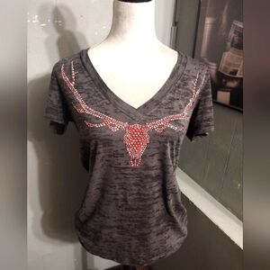 Cowgirl Hardware grey Burnout Rhinestone Cow Short Sleeve Shirt Women's Size XL